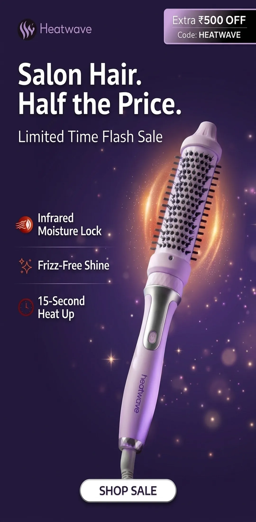 Heatwave infrared hair styling brush flash sale with extra rupees 500 off for salon quality frizz-free shine at home