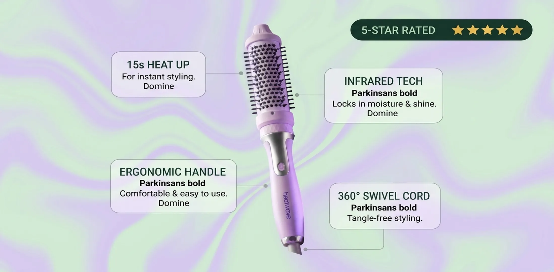 5-star rated Heatwave infrared hair brush with 15 second heat up ergonomic handle and 360 degree swivel cord for tangle-free styling