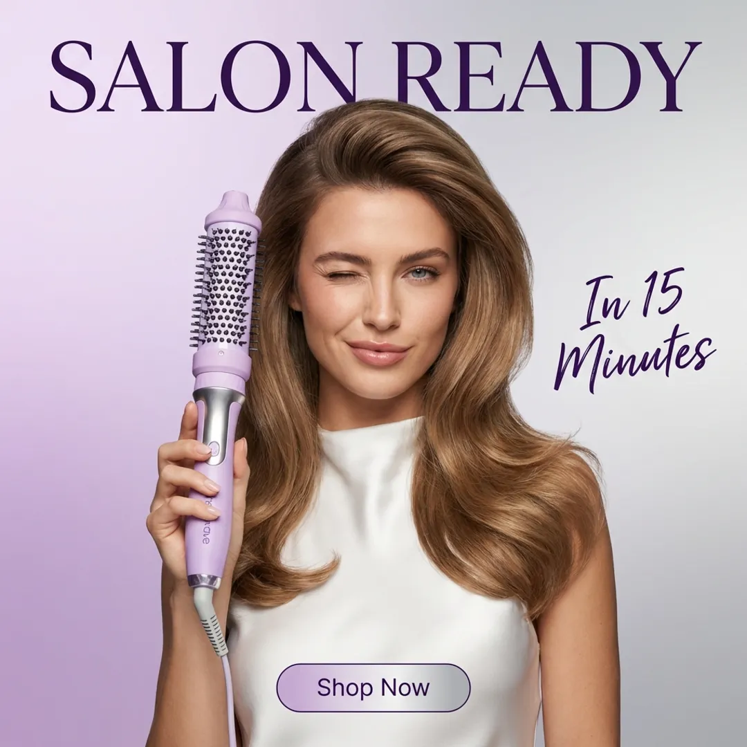 Woman with voluminous salon-ready hair using Heatwave purple styling brush for smooth blowout results in just 15 minutes at home