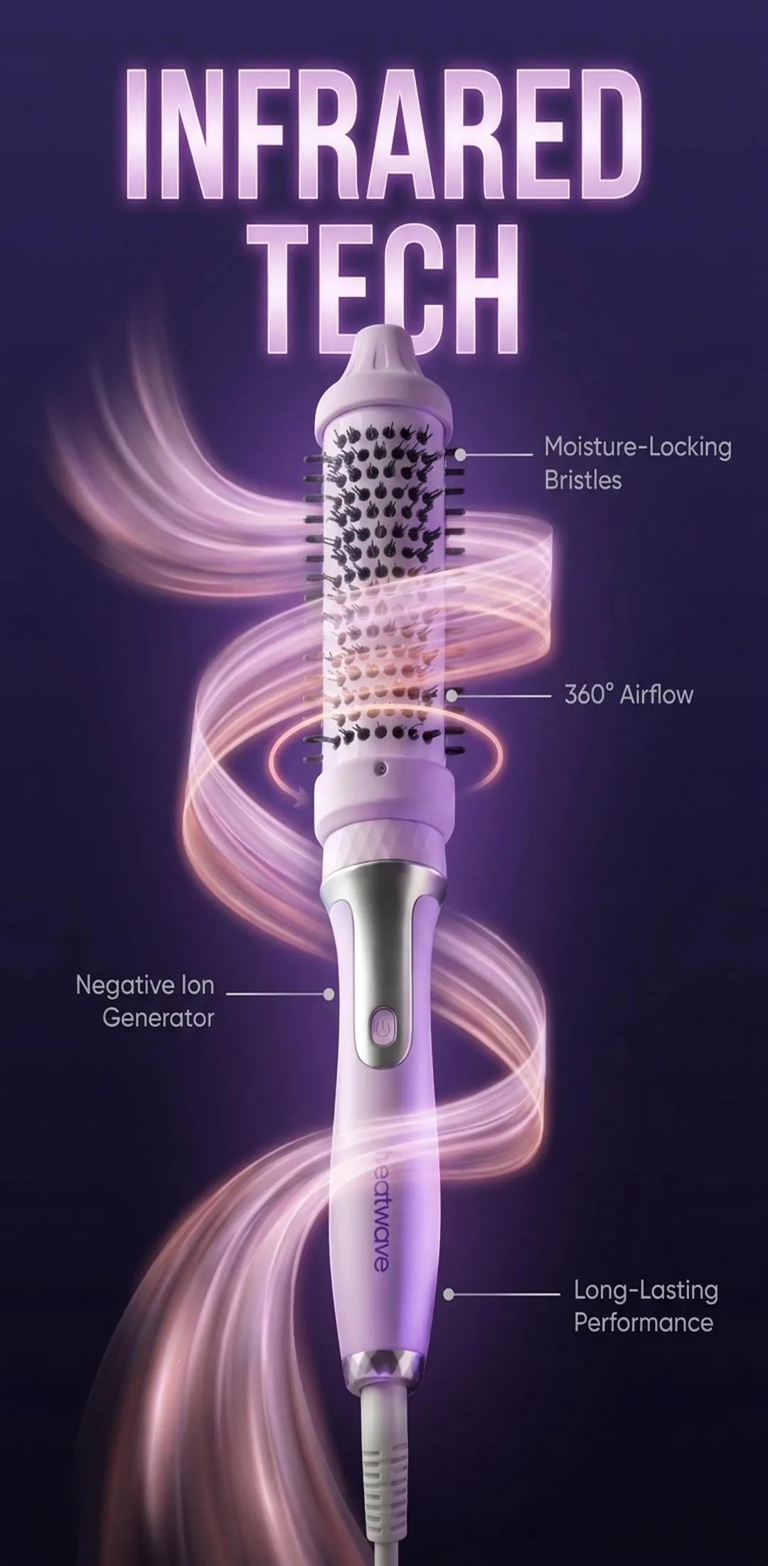 Heatwave infrared hair brush with moisture locking bristles and 360 degree airflow technology for frizz-free healthy hair