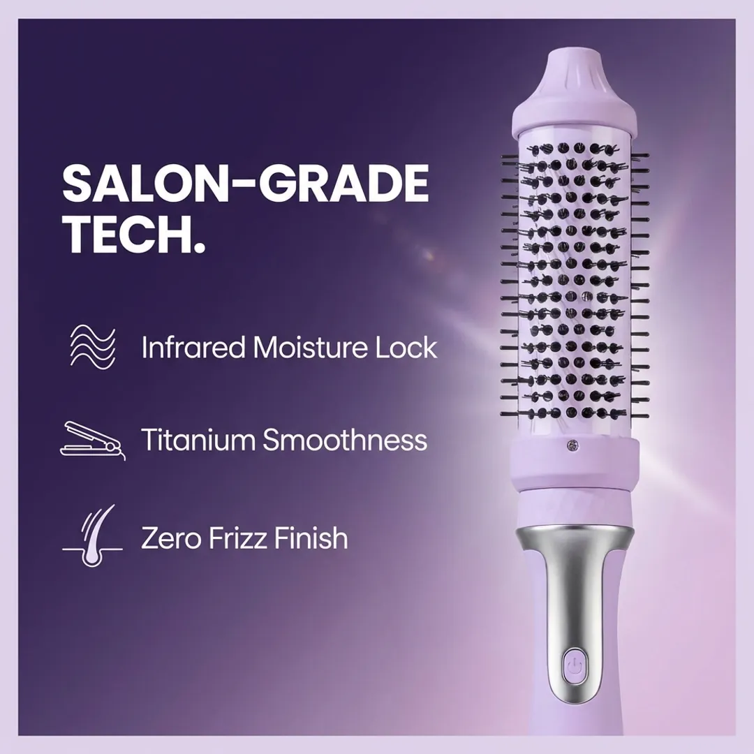 Salon grade infrared hair brush with titanium smoothness and zero frizz finish for professional quality styling at home